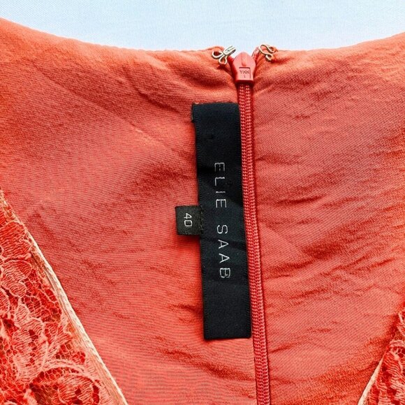 ELIE SAAB ORANGE SILK BLEND SLEEVELESS LACE PLEATED MIDI A-LINE DRESS - 8 (40) - Picture 8 of 12
